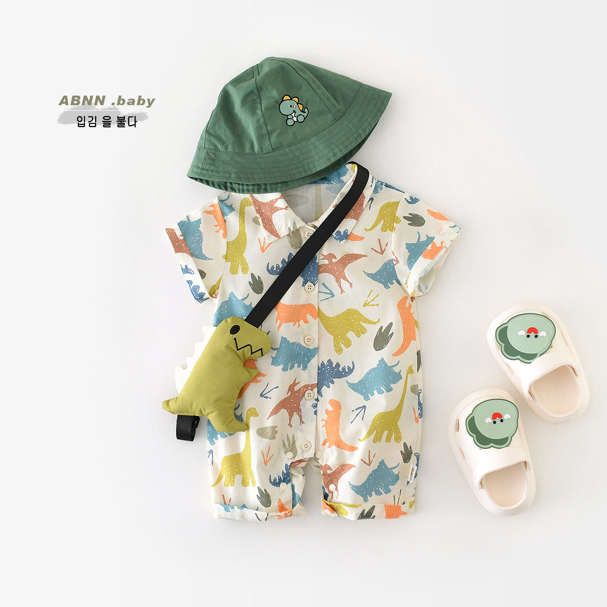 婴儿纯棉衣服夏季男宝宝夏装连体衣新生儿短袖薄款卡通恐龙爬服潮