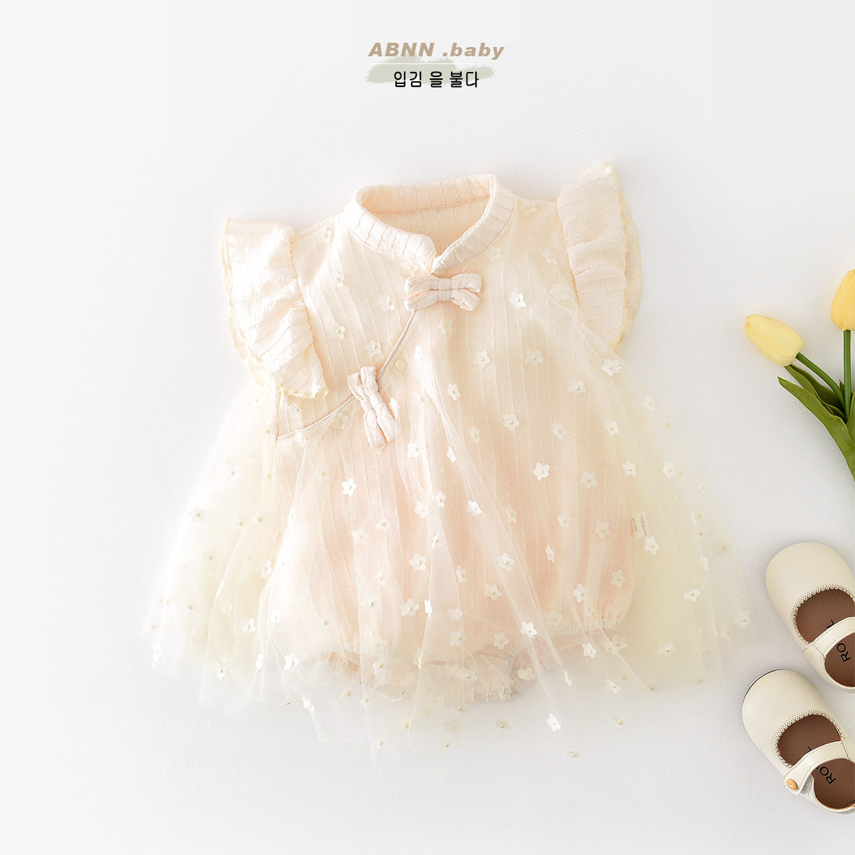 婴儿新中式旗袍哈衣夏季新款女宝宝公主网纱裙新生儿满月百天礼服