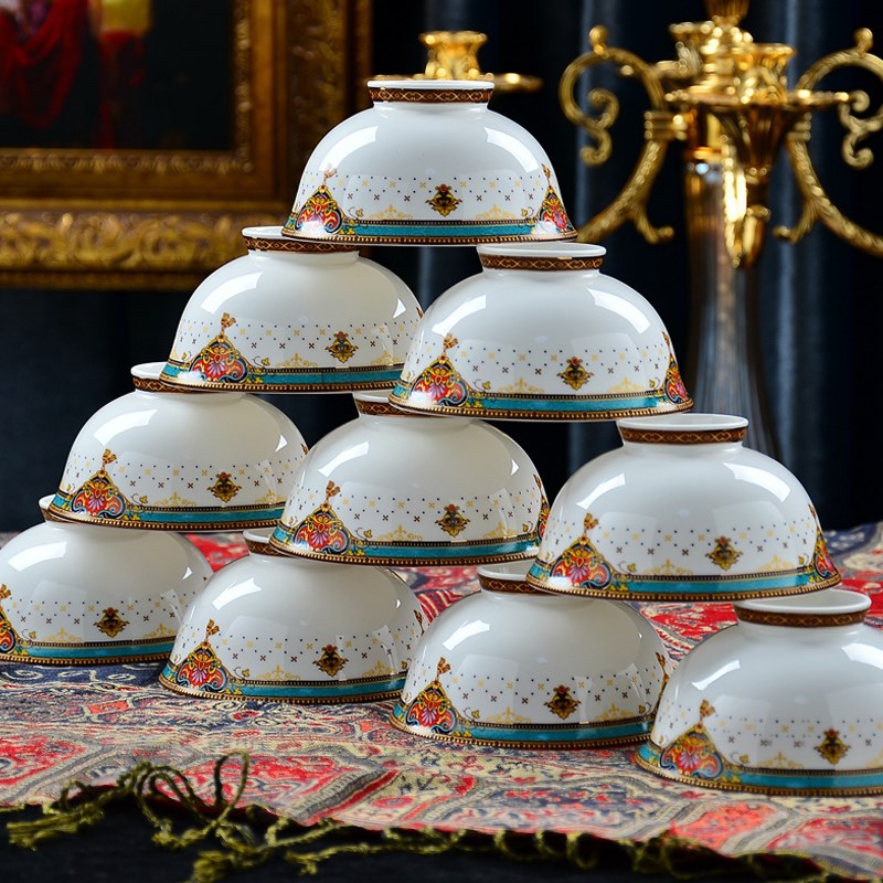 陶瓷碗家用唐山骨瓷饭碗单个吃饭米饭碗防烫高脚碗欧式微波炉餐具