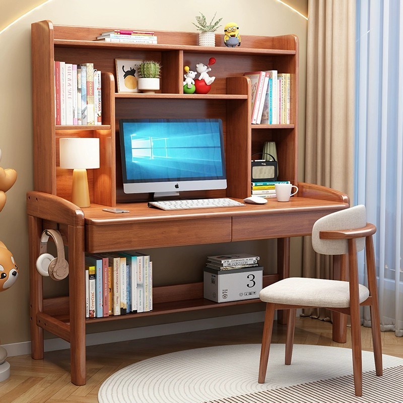 实木书桌书架一体桌小户型电脑桌学生家用卧室写字台可升降学习桌