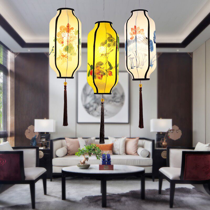 中式布艺手绘橄榄吊灯创意茶楼茶室餐厅火锅店过道中式红灯笼吊灯,家装灯饰光源,客厅吊灯,淘宝优惠券,粉丝福利购,淘宝优惠卷