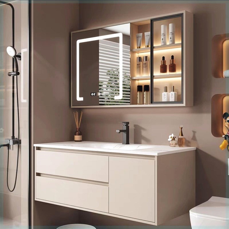 热弯岩板一体盆浴室柜组合现代洗手池洗脸盆卫生间洗漱台定制