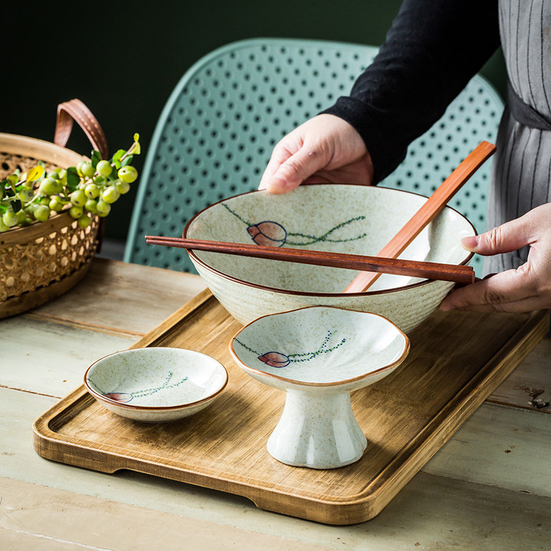 小清新和风一人食带托盘创意餐具陶瓷拉面碗点心碟筷搭配木勺套装