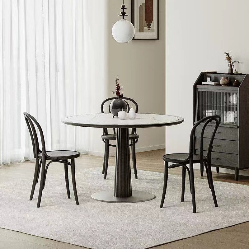 圆形实木餐桌家用小户型侘寂风洽谈小圆桌岩板圆餐桌椅子