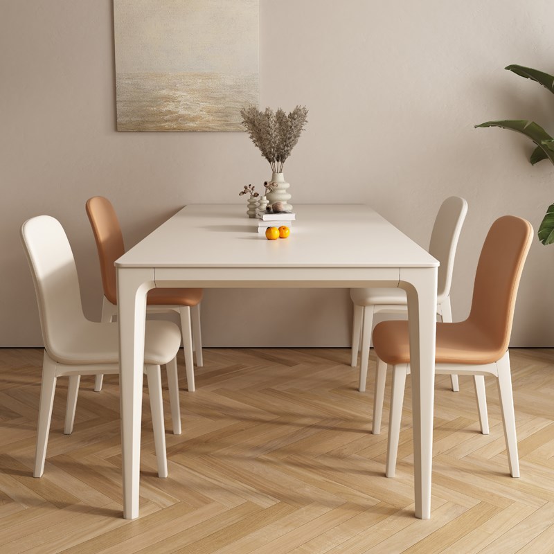 岩板餐桌奶油风家用小户型现代简约白色实木饭桌长方形餐桌椅