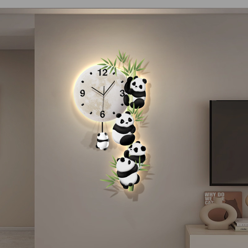 客厅熊猫摇摆挂钟装饰画电视背景墙创意led时钟挂墙餐厅钟表挂画
