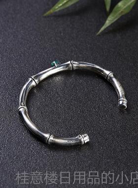 正品银手镯女复古手中国做旧实心知足常乐平风竹999纯银安情侣镯
