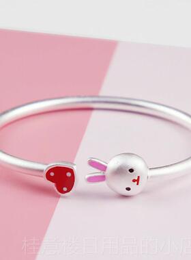 正品足银镯女亲子款生小兔子粉红色滴胶可爱纯银子礼镯手物包肖邮