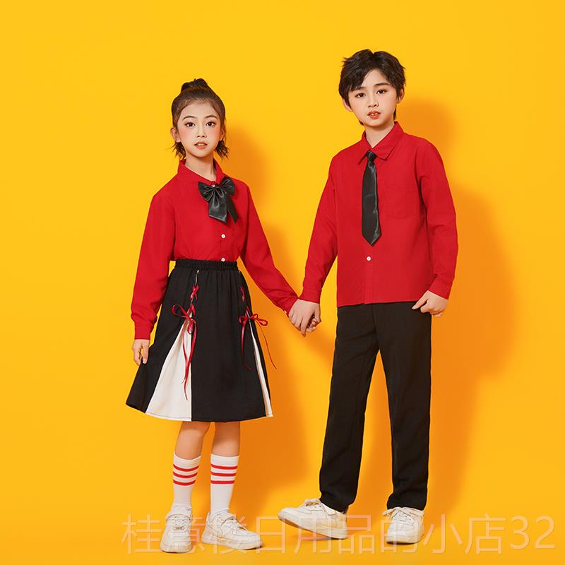 高档服六风一儿童红色衬衫表演出中国男女童小学生合唱班服运动服