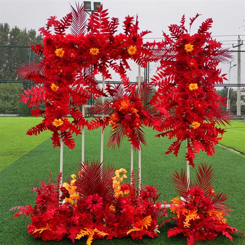 新款婚礼舞台装饰地排花红色牡丹花排T台背景绢花路引花艺仿真花