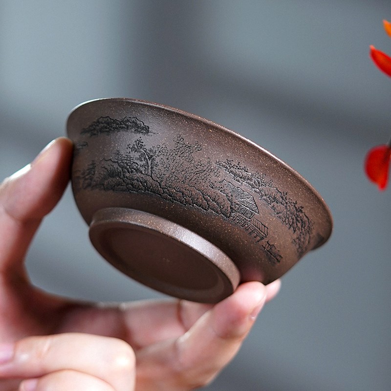 宜兴精品紫砂主人杯全手工刻绘山水普洱杯品茗杯大口杯茶杯茶具