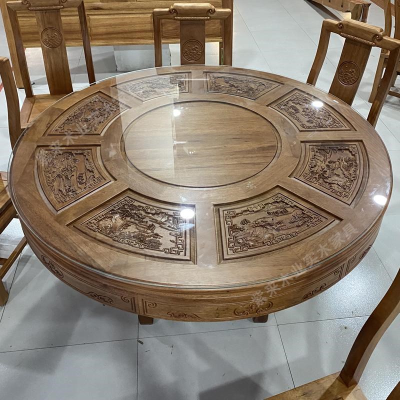 烫蜡花梨木纯实木餐桌椅仿古雕花圆桌高档家用酒店吃饭红木桌