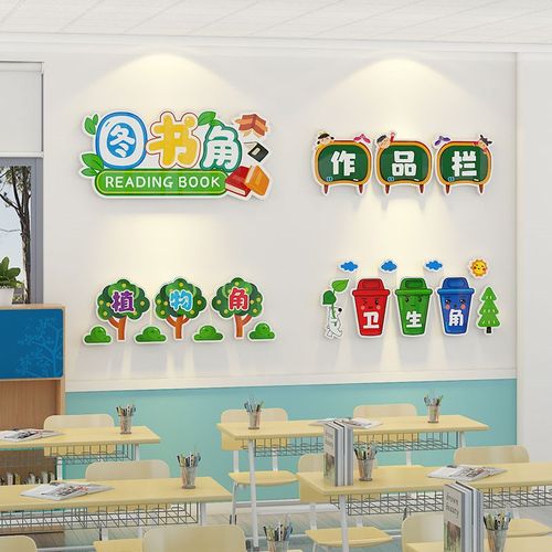 班级布置教室装饰中小学阅读区图书卫生植物角作品栏文化墙贴立体