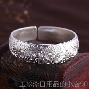 正品宽手镯老式熟真99纯银款手工定做订银制年9轻女士宽版面时尚