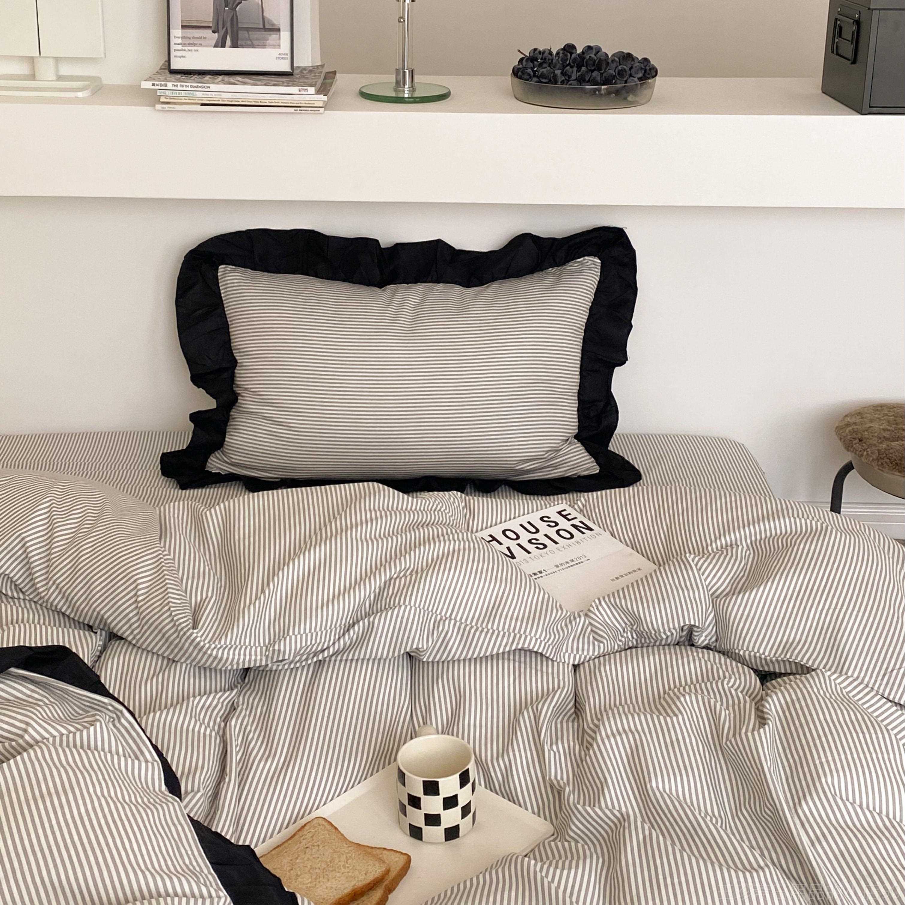 正品诧寂︱ins简约细条纹纯棉风三套全棉斜纹宿舍单人被四套件床