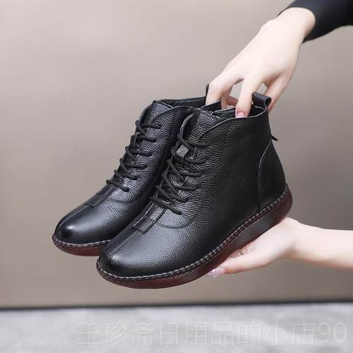 正品加牛绒软平底短靴女厚毛筋侧拉链妈妈棉鞋冬真皮底底防滑棉靴