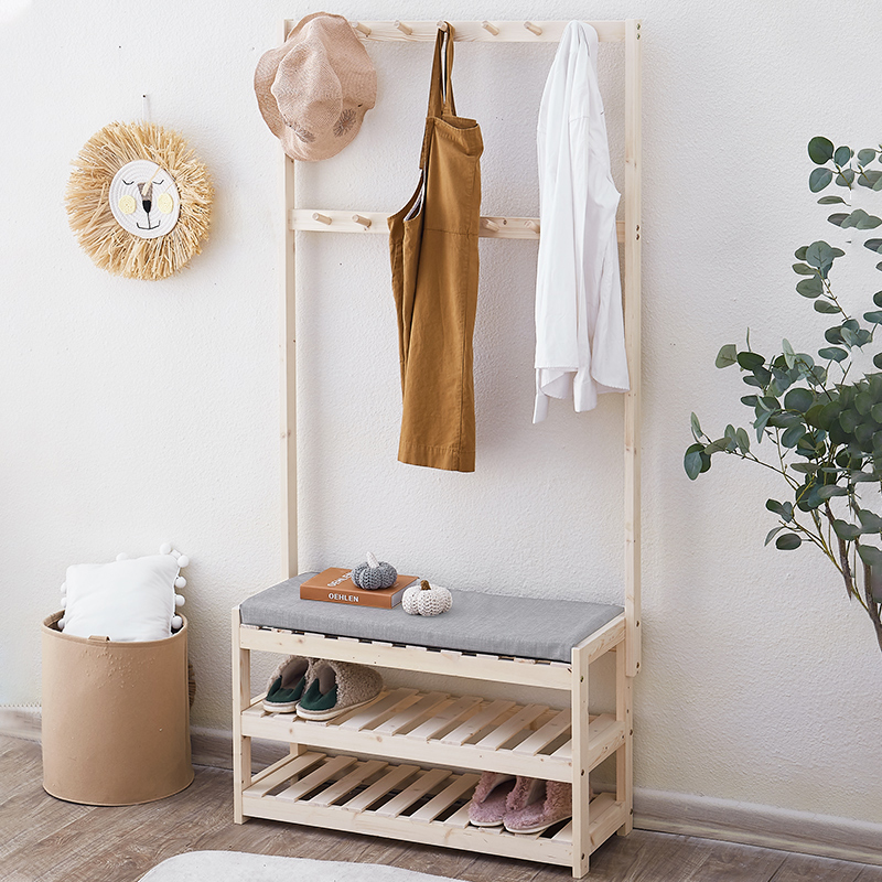 实木衣帽架换鞋凳挂衣架一体落地卧室可坐家用门后入门门口衣架