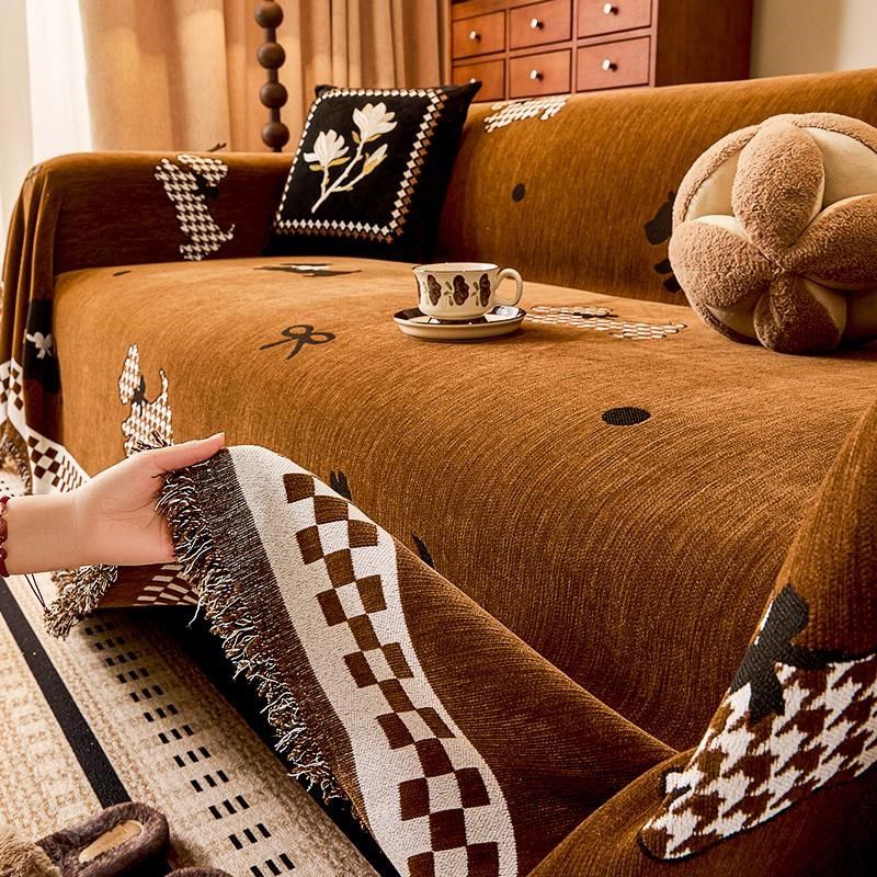 中古风沙发盖布毯四季通用高级感直排咖色沙发套罩全包一体式防滑,居家布艺,沙发套,淘宝优惠券,粉丝福利购,淘宝优惠卷