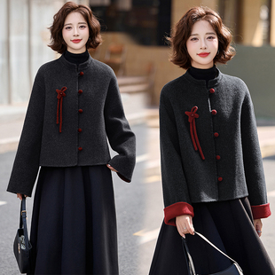 涵悦瑜双面羊绒大衣短款2025新款秋冬黑红新中式双面呢子短外套