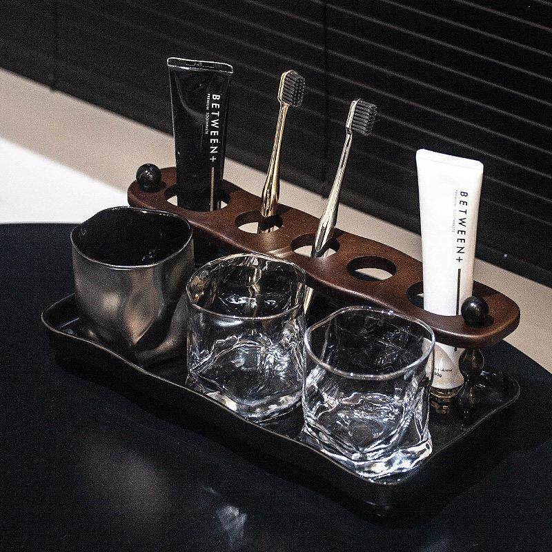 漱口杯电动牙刷置物架一家三口牙刷架中古风化妆室侘寂风刷牙杯