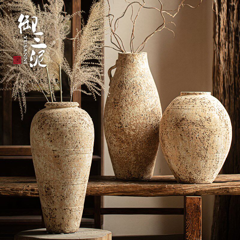 御三泥纯手工陶瓷插干花家居摆件复古花瓶粗陶侘寂风落地民宿陶罐