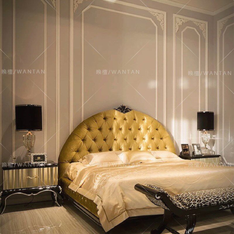 晚檀 法式实木雕花双人床复古风主卧2米丝绒布艺拉扣软靠大床圆形