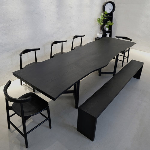 侘寂风黑色碳化白蜡木双拼大板桌客厅多功能原木书餐桌一体工作台