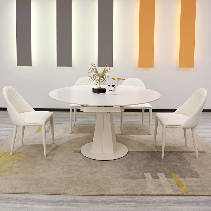 岩板餐桌椅组合奶油风现代简约小户型家用多功能可旋转变圆饭桌子