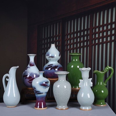 仿古花瓶钧瓷摆件复古双耳瓷瓶客厅玄关装饰品陶瓷器古董工艺品瓶