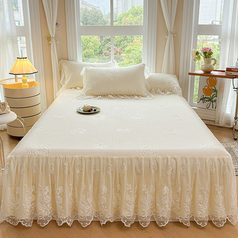 夏季韩式蕾丝床裙款冰丝凉席三件套高级感公主风花边床罩床套防滑