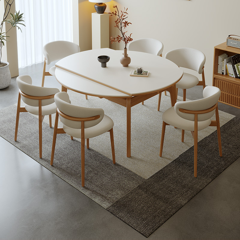 原木侘寂风可伸缩实木岩板餐桌可变圆桌方圆两用猫耳朵小户型饭桌