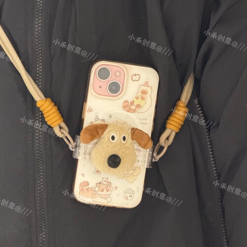 可爱毛绒手机背夹卡通通用绳斜手机夹潮掌门狗挂件公仔挂绳