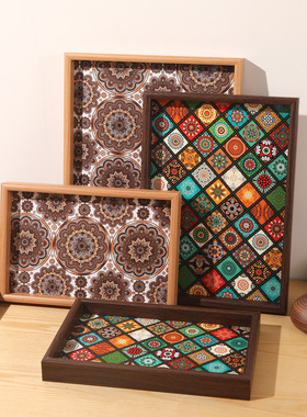 波西米亚风复古木茶盘多功能首饰收纳托盘长方形茶具酒杯展示摆件