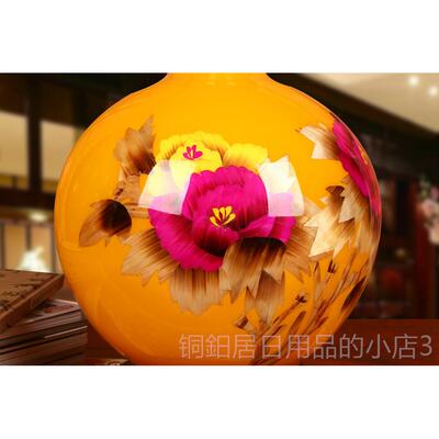 高档德陶瓷器景花瓶高档麦秆黄色牡丹圆型花镇瓶 现代中式家居摆