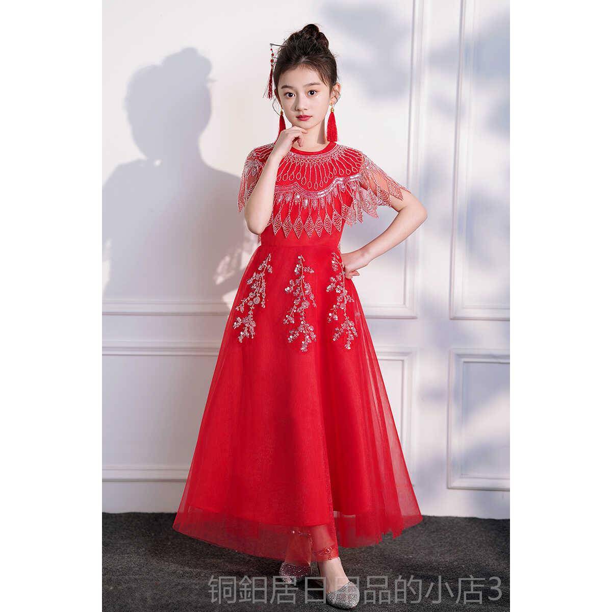 高档儿童筝演出服女童台古表演色公主生日裙小主舞白持人钢琴演奏