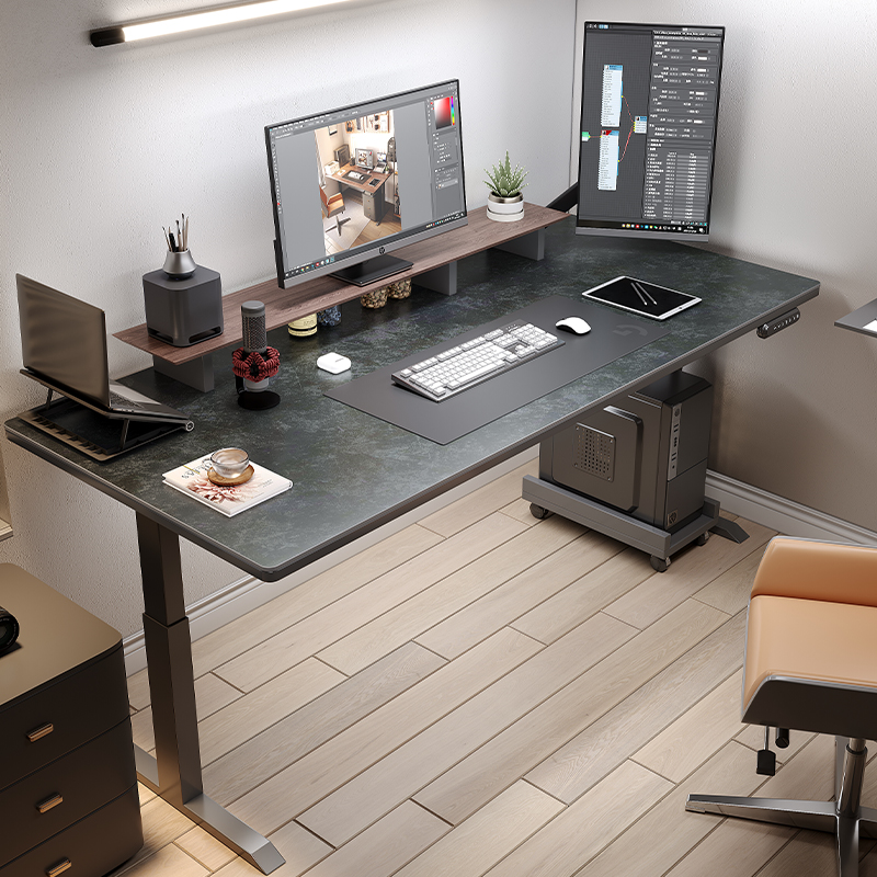 黑色岩板电动升降书桌智能自动书桌简约现代电脑桌卧室家用台式