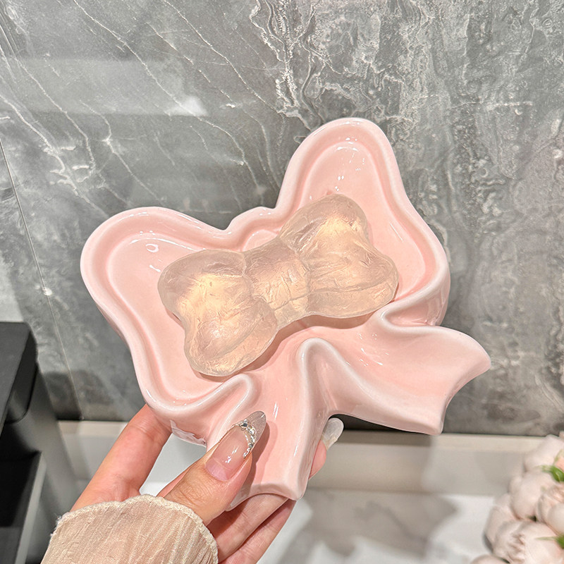 蝴蝶结沥水肥皂盒家用免打孔洗手洗漱台陶瓷香皂盒卫生间香皂排水
