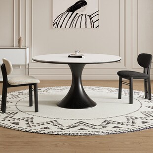 德利丰实木岩板餐桌家用小户型黑色圆形法式 奶油中古风高端圆桌子