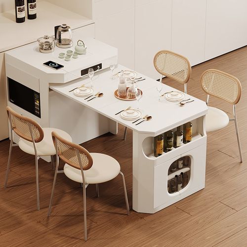 2024新款现代简约可伸缩折叠岛台餐桌一体家用小户型多功能奶油风