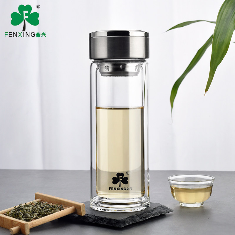 奋兴玻璃杯双层耐热便携水杯透明创意家用杯子带盖过滤男女士茶杯