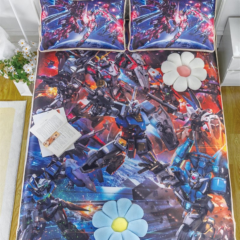 儿童卡通高达夏季冰丝席三件套男孩凉席可折叠机洗单人1.2m空调席