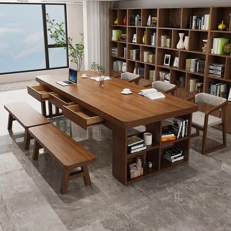 去客厅化实木大长书桌书柜一体写字桌带抽屉家用学习办公桌工工厂