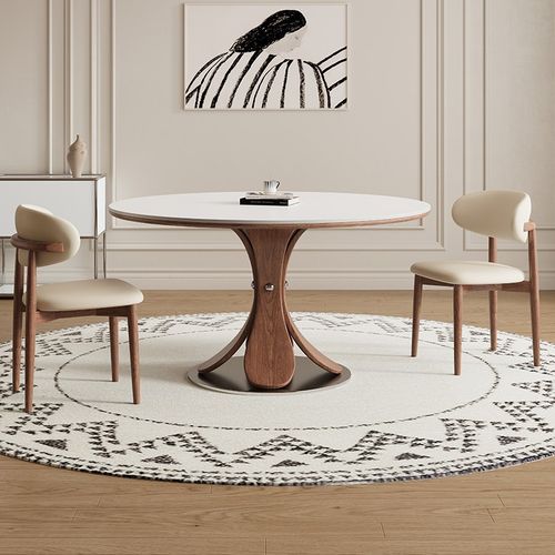 德利丰岩板餐桌家用小户型圆形法式奶油中古风高端全托纯白圆桌子