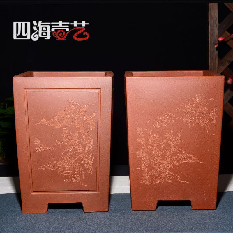 宜兴紫砂花盆 兰花盆 客厅花卉精品 本色精水泥 手工刻画四方签筒