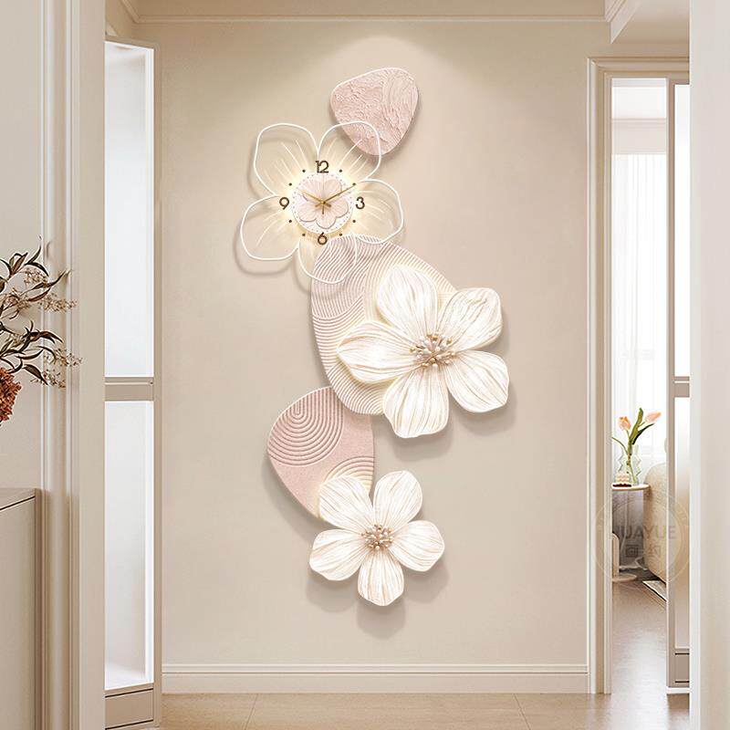 奶油风玄关装饰画入户门创意花卉钟表壁画高级感发光走廊过道挂画