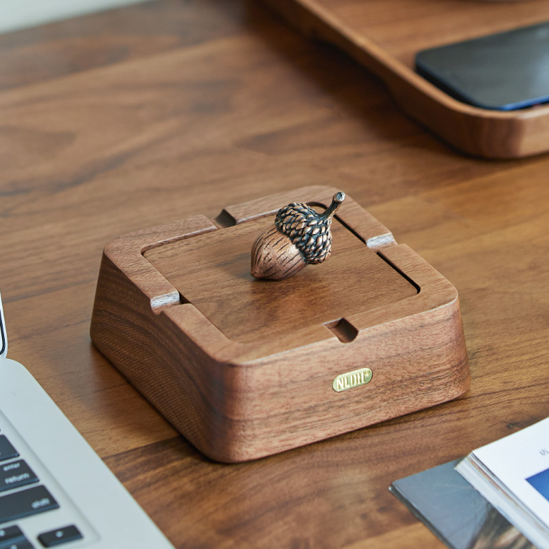 胡桃木实木不锈钢内胆茶几家用带盖个性潮流中式复古桌面烟灰缸