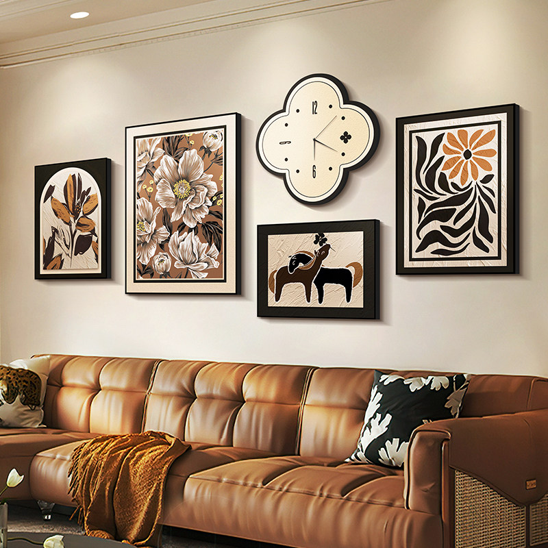 中古客厅挂画复古抽象沙发背景墙装饰画高级感钟表壁画2024新款,家居饰品,现代装饰画,淘宝优惠券,粉丝福利购,淘宝优惠卷