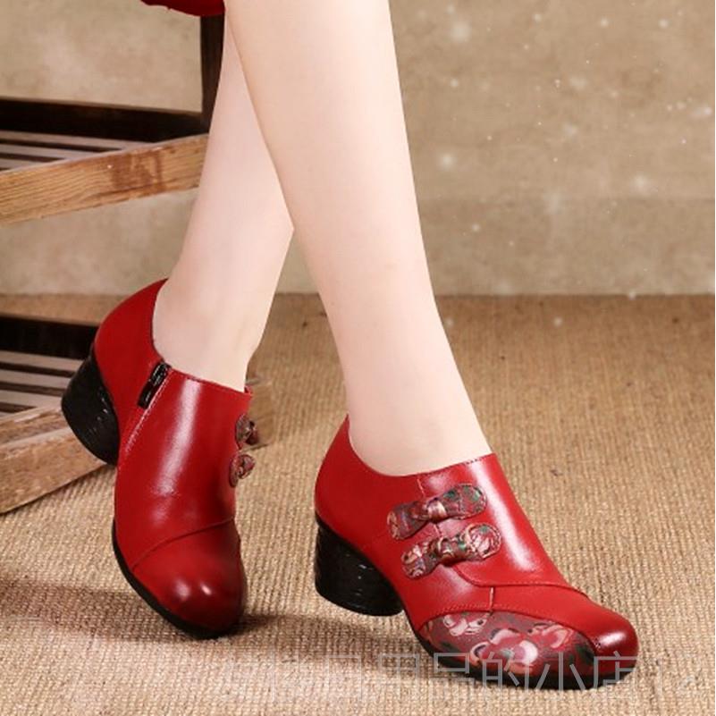 正品民族风底女鞋2025春季妈妈鞋软女舒适中跟真皮中老年女袍单鞋
