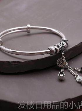 正品999足银镯覆9古纯银流苏款貔貅福手袋叶子女吊坠推拉银镯子女