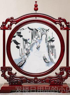 正品工苏绣摆件双公面刺绣工艺品新式桌面中办室装饰台屏手中国风